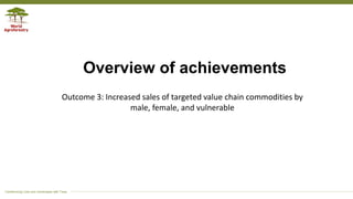 Transforming Lives and Landscapes with Trees
Overview of achievements
Outcome 3: Increased sales of targeted value chain commodities by
male, female, and vulnerable
 
