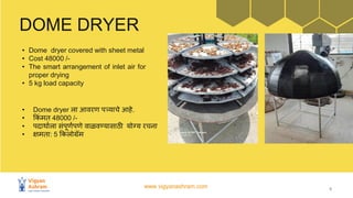 www.vigyanashram.com 6
DOME DRYER
• Dome dryer covered with sheet metal
• Cost 48000 /-
• The smart arrangement of inlet air for
proper drying
• 5 kg load capacity
• Dome dryer ला आिरण पत्र्याचे आहे.
• ककिं मत 48000 /-
• पिार्ाथला सिंपणथपणे िाळविण्यासाठी योग्य रचना
• क्षमता: 5 ककलोग्रॅम
 