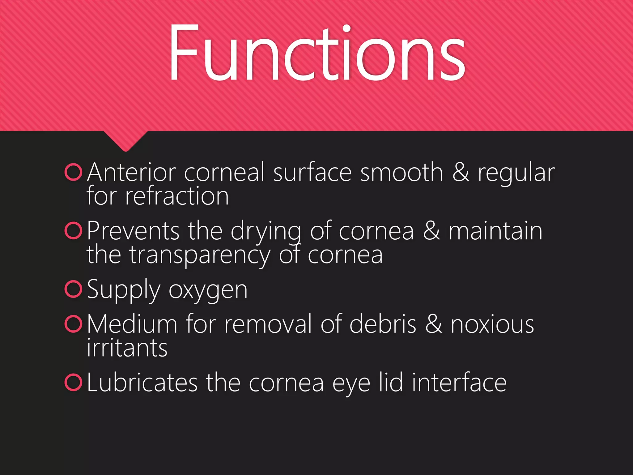 Functions
Anterior corneal surface smooth & regular
for refraction
Prevents the drying of cornea & maintain
the transparency of cornea
Supply oxygen
Medium for removal of debris & noxious
irritants
Lubricates the cornea eye lid interface