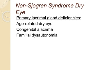 Non-Sjogren Syndrome Dry
Eye
Primary lacrimal gland deficiencies:
Age-related dry eye
Congenital alacrima
Familial dysautonomia
 