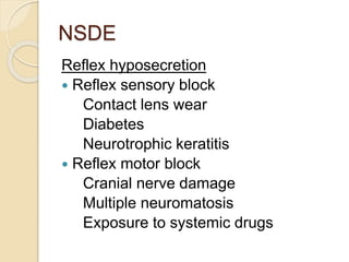NSDE
Reflex hyposecretion
 Reflex sensory block
Contact lens wear
Diabetes
Neurotrophic keratitis
 Reflex motor block
Cranial nerve damage
Multiple neuromatosis
Exposure to systemic drugs
 