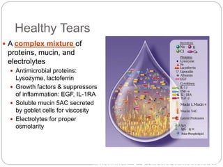 Healthy Tears
 A complex mixture of
proteins, mucin, and
electrolytes
 Antimicrobial proteins:
Lysozyme, lactoferrin
 Growth factors & suppressors
of inflammation: EGF, IL-1RA
 Soluble mucin 5AC secreted
by goblet cells for viscosity
 Electrolytes for proper
osmolarity
Image adapted from: Dry Eye and Ocular Surface Disorders. 2004.
Stern et al. In: Dry Eye and Ocular Surface Disorders. 2004.
 