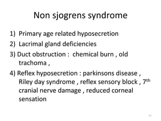 Non sjogrens syndrome
1) Primary age related hyposecretion
2) Lacrimal gland deficiencies
3) Duct obstruction : chemical burn , old
trachoma ,
4) Reflex hyposecretion : parkinsons disease ,
Riley day syndrome , reflex sensory block , 7th
cranial nerve damage , reduced corneal
sensation
12
 