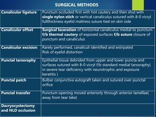 SURGICAL METHODS
Canalicular ligature Punctum occluded first with hot cautery and then shut with
single nylon stich or vertical canaliculus sutured with 8-0 vicryl
fullthickness eyelid mattress suture tied on skin side
Canalicular offset Surgical laceration of horizontal canaliculus medial to punctum
f/b thermal cautery of exposed surfaces f/b suture closure of
punctum and canaliculus
Canalicular excision Rarely performed, canaliculi identified and extirpated
Risk of eyelid distortion
Punctal tarsoraphy Epithelial tissue debrided from upper and lower puncta and
surfaces sutured with 8-0 vicryl f/b standard medial tarsoraphy(
in severe tear deficiency with neurotrophic and exposure
keratitis )
Punctal patch Bulbar conjunctiva autograft taken and sutured over punctal
orifice
Punctal transfer Punctum opening moved anteriorly through anterior lamellae(
away from tear lake)
Dacryocystectomy
and NLD occlusion
 