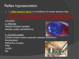 Reflex hyposecretion
 1. reflex sensory block- in conditions of ocular sensory loss :
decreases reflex induced lacrimal secretion and reduces the
blink rate. In addition there is loss of trophic support to the ocular
surface due to deficient release of sub P / nerve growth factors.
CAUSES:
a. Infective
Herpes simplex keratitis
Herpes zoster ophthalmicus
b. Corneal surgery
Limbal incision (extra-capsular cataract extraction)
Keratoplasty
Refractive surgery
PRK
LASIK
RK
 