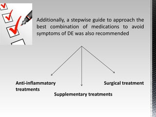 Additionally, a stepwise guide to approach the 
best combination of medications to avoid 
symptoms of DE was also recommended 
Anti-inflammatory 
treatments 
Surgical treatment 
Supplementary treatments 
 