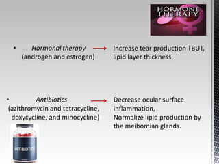 • Hormonal therapy 
(androgen and estrogen) 
Increase tear production TBUT, 
lipid layer thickness. 
• Antibiotics 
(azithromycin and tetracycline, 
doxycycline, and minocycline) 
Decrease ocular surface 
inflammation, 
Normalize lipid production by 
the meibomian glands. 
 