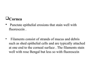 Cornea
• Punctate epithelial erosions that stain well with
fluorescein .
• Filaments consist of strands of mucus and debris
such as shed epithelial cells and are typically attached
at one end to the corneal surface . The filaments stain
well with rose Bengal but less so with fluorescein
 