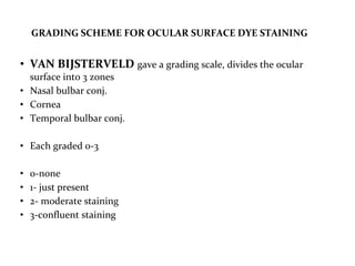 GRADING SCHEME FOR OCULAR SURFACE DYE STAINING
• VAN BIJSTERVELD gave a grading scale, divides the ocular
surface into 3 zones
• Nasal bulbar conj.
• Cornea
• Temporal bulbar conj.
• Each graded 0-3
• 0-none
• 1- just present
• 2- moderate staining
• 3-confluent staining
 