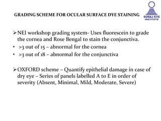 NEI workshop grading system- Uses fluorescein to grade
the cornea and Rose Bengal to stain the conjunctiva.
• >3 out of 15 – abnormal for the cornea
• >3 out of 18 – abnormal for the conjunctiva
OXFORD scheme – Quantify epithelial damage in case of
dry eye – Series of panels labelled A to E in order of
severity (Absent, Minimal, Mild, Moderate, Severe)
GRADING SCHEME FOR OCULAR SURFACE DYE STAINING
 