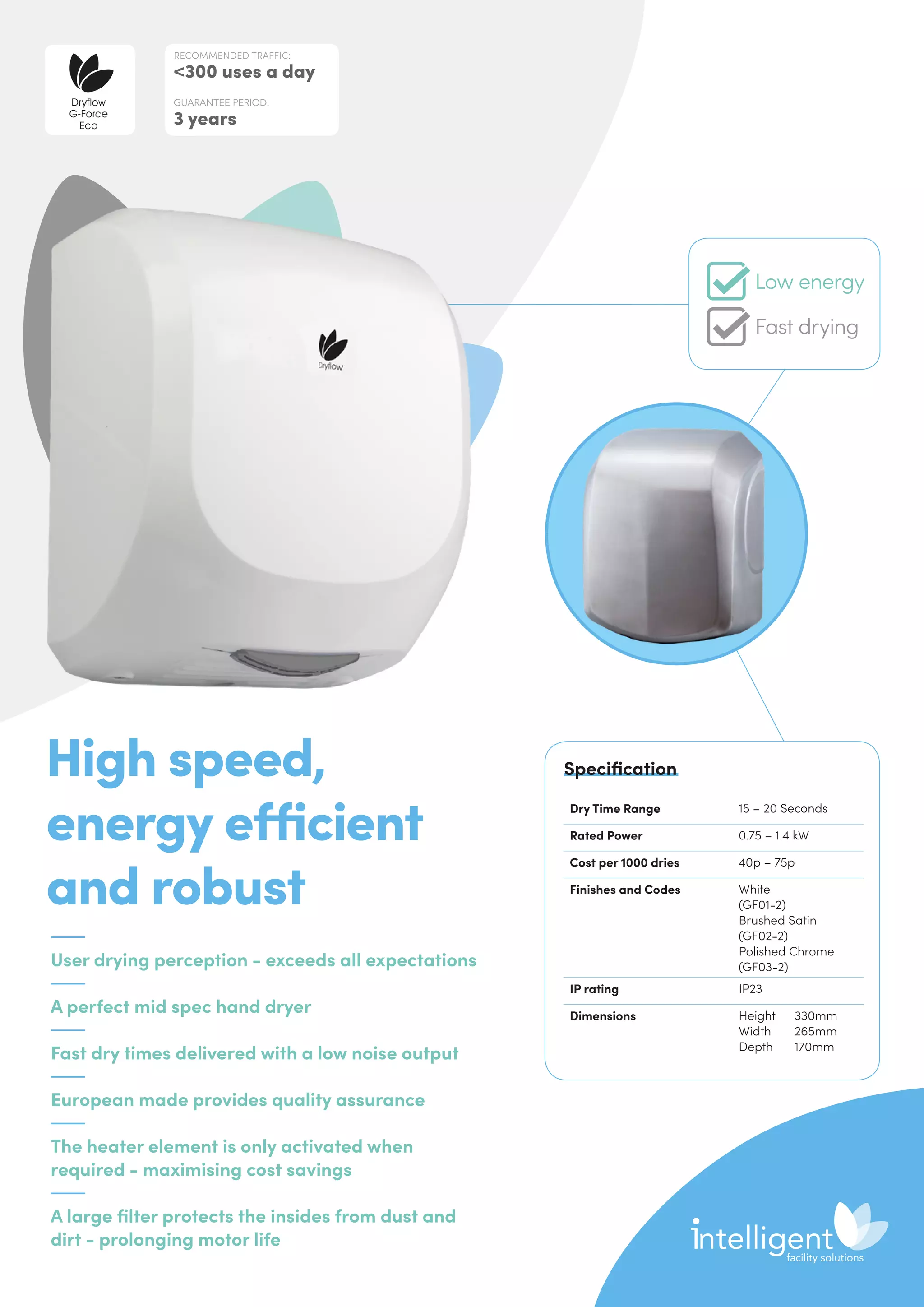 User drying perception - exceeds all expectations
A perfect mid spec hand dryer
Fast dry times delivered with a low noise output
European made provides quality assurance
The heater element is only activated when
required - maximising cost savings
A large filter protects the insides from dust and
dirt - prolonging motor life
High speed,
energy efficient
and robust
Dry Time Range 15 – 20 Seconds
Rated Power 0.75 – 1.4 kW
Cost per 1000 dries 40p – 75p
Finishes and Codes White
(GF01-2)
Brushed Satin
(GF02-2)
Polished Chrome
(GF03-2)
IP rating IP23
Dimensions Height	330mm
Width	265mm
Depth	170mm
Specification
RECOMMENDED TRAFFIC:
300 uses a day
GUARANTEE PERIOD:
3 years
Dryflow
G-Force
Eco
Low energy
Fast drying
 