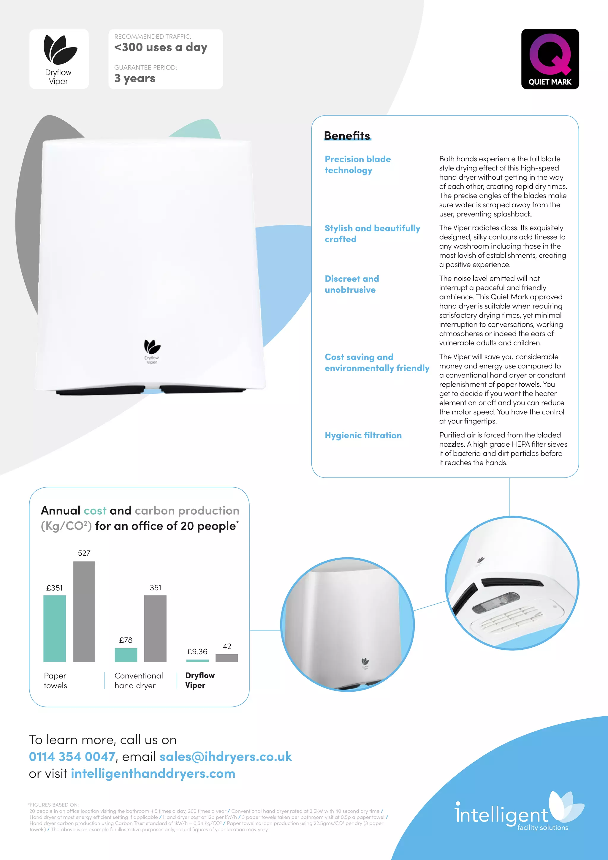 Precision blade
technology
Both hands experience the full blade
style drying effect of this high-speed
hand dryer without getting in the way
of each other, creating rapid dry times.
The precise angles of the blades make
sure water is scraped away from the
user, preventing splashback.
Stylish and beautifully
crafted
The Viper radiates class. Its exquisitely
designed, silky contours add finesse to
any washroom including those in the
most lavish of establishments, creating
a positive experience.
Discreet and
unobtrusive
The noise level emitted will not
interrupt a peaceful and friendly
ambience. This Quiet Mark approved
hand dryer is suitable when requiring
satisfactory drying times, yet minimal
interruption to conversations, working
atmospheres or indeed the ears of
vulnerable adults and children.
Cost saving and
environmentally friendly
The Viper will save you considerable
money and energy use compared to
a conventional hand dryer or constant
replenishment of paper towels. You
get to decide if you want the heater
element on or off and you can reduce
the motor speed. You have the control
at your fingertips.
Hygienic filtration Purified air is forced from the bladed
nozzles. A high grade HEPA filter sieves
it of bacteria and dirt particles before
it reaches the hands.
Benefits
Annual cost and carbon production
(Kg/CO2
) for an office of 20 people*
Paper
towels
Conventional
hand dryer
Dryflow
Viper
527
351
42
£9.36
£78
£351
To learn more, call us on
0114 354 0047, email sales@ihdryers.co.uk
or visit intelligenthanddryers.com
RECOMMENDED TRAFFIC:
300 uses a day
GUARANTEE PERIOD:
3 years
Dryflow
Viper
*FIGURES BASED ON:
20 people in an office location visiting the bathroom 4.5 times a day, 260 times a year / Conventional hand dryer rated at 2.5kW with 40 second dry time /
Hand dryer at most energy efficient setting if applicable / Hand dryer cost at 12p per kW/h / 3 paper towels taken per bathroom visit at 0.5p a paper towel /
Hand dryer carbon production using Carbon Trust standard of 1kW/h = 0.54 Kg/CO2
/ Paper towel carbon production using 22.5gms/CO2
per dry (3 paper
towels) / The above is an example for illustrative purposes only, actual figures of your location may vary
 