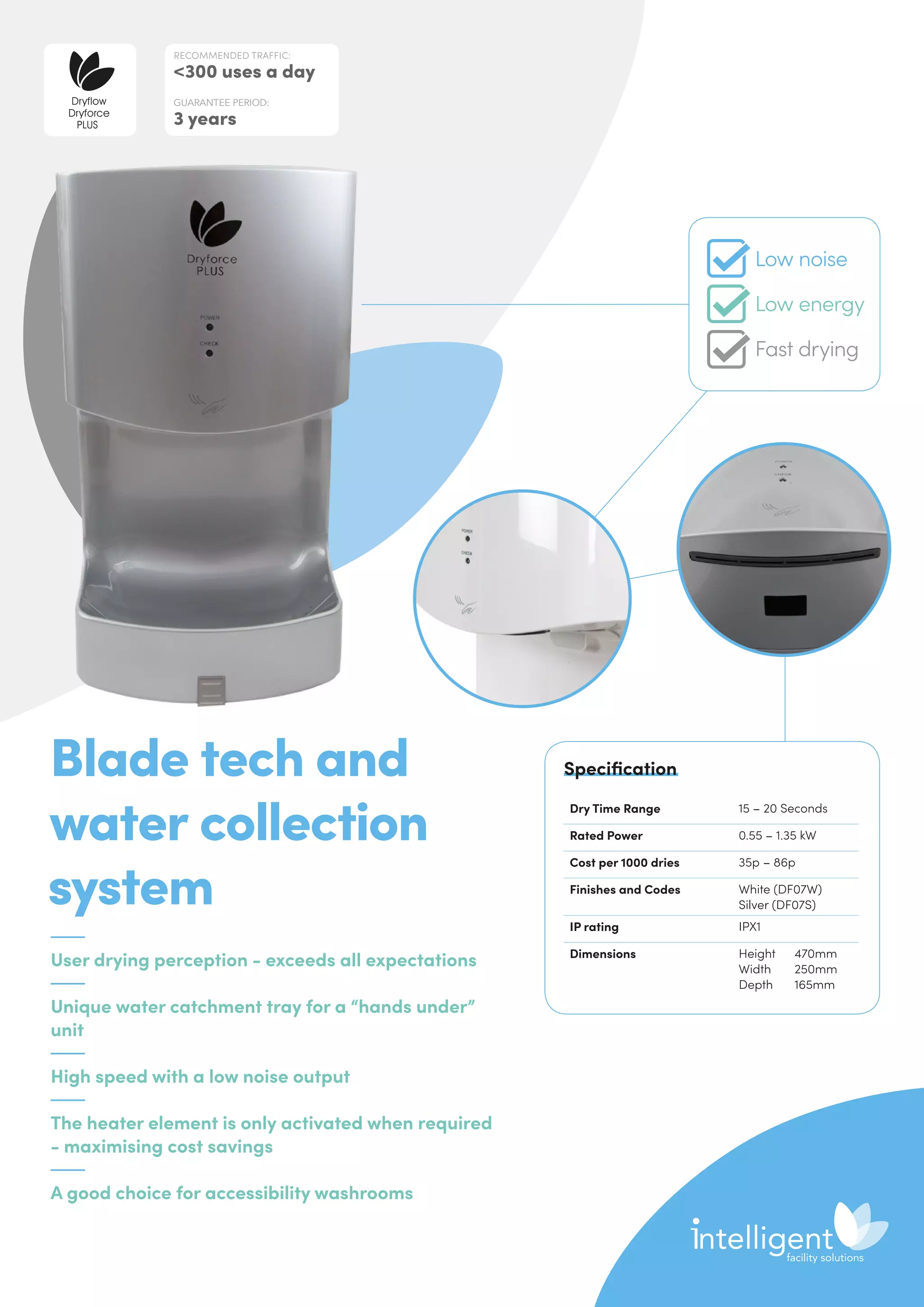 User drying perception - exceeds all expectations
Unique water catchment tray for a “hands under”
unit
High speed with a low noise output
The heater element is only activated when required
- maximising cost savings
A good choice for accessibility washrooms
Blade tech and
water collection
system
Dry Time Range 15 – 20 Seconds
Rated Power 0.55 – 1.35 kW
Cost per 1000 dries 35p – 86p
Finishes and Codes White (DF07W)
Silver (DF07S)
IP rating IPX1
Dimensions Height	470mm
Width	250mm
Depth	165mm
Specification
RECOMMENDED TRAFFIC:
300 uses a day
GUARANTEE PERIOD:
3 years
Dryflow
Dryforce
PLUS
Low noise
Low energy
Fast drying
 