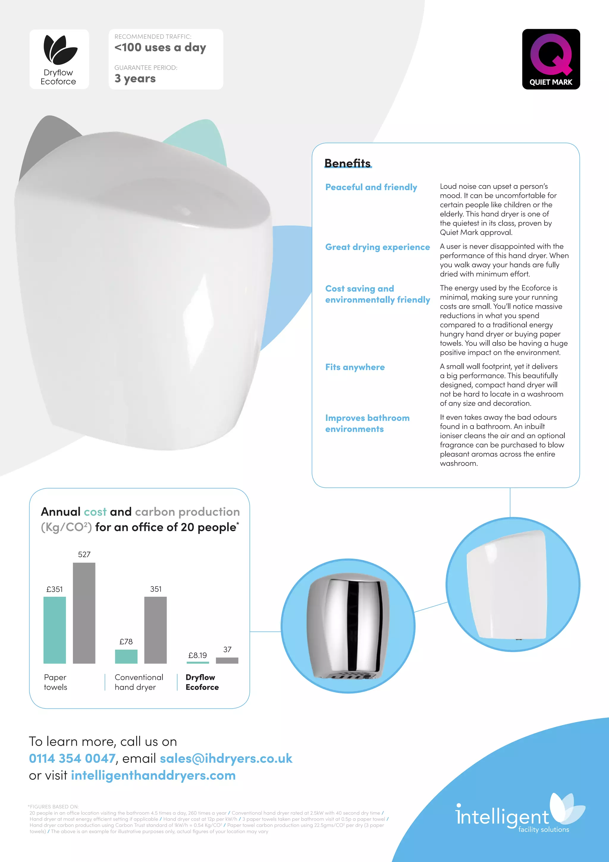 Peaceful and friendly Loud noise can upset a person’s
mood. It can be uncomfortable for
certain people like children or the
elderly. This hand dryer is one of
the quietest in its class, proven by
Quiet Mark approval.
Great drying experience A user is never disappointed with the
performance of this hand dryer. When
you walk away your hands are fully
dried with minimum effort.
Cost saving and
environmentally friendly
The energy used by the Ecoforce is
minimal, making sure your running
costs are small. You’ll notice massive
reductions in what you spend
compared to a traditional energy
hungry hand dryer or buying paper
towels. You will also be having a huge
positive impact on the environment.
Fits anywhere A small wall footprint, yet it delivers
a big performance. This beautifully
designed, compact hand dryer will
not be hard to locate in a washroom
of any size and decoration.
Improves bathroom
environments
It even takes away the bad odours
found in a bathroom. An inbuilt
ioniser cleans the air and an optional
fragrance can be purchased to blow
pleasant aromas across the entire
washroom.
Benefits
Annual cost and carbon production
(Kg/CO2
) for an office of 20 people*
Paper
towels
Conventional
hand dryer
Dryflow
Ecoforce
527
351
37
£8.19
£78
£351
RECOMMENDED TRAFFIC:
100 uses a day
GUARANTEE PERIOD:
3 years
Dryflow
Ecoforce
To learn more, call us on
0114 354 0047, email sales@ihdryers.co.uk
or visit intelligenthanddryers.com
*FIGURES BASED ON:
20 people in an office location visiting the bathroom 4.5 times a day, 260 times a year / Conventional hand dryer rated at 2.5kW with 40 second dry time /
Hand dryer at most energy efficient setting if applicable / Hand dryer cost at 12p per kW/h / 3 paper towels taken per bathroom visit at 0.5p a paper towel /
Hand dryer carbon production using Carbon Trust standard of 1kW/h = 0.54 Kg/CO2
/ Paper towel carbon production using 22.5gms/CO2
per dry (3 paper
towels) / The above is an example for illustrative purposes only, actual figures of your location may vary
 