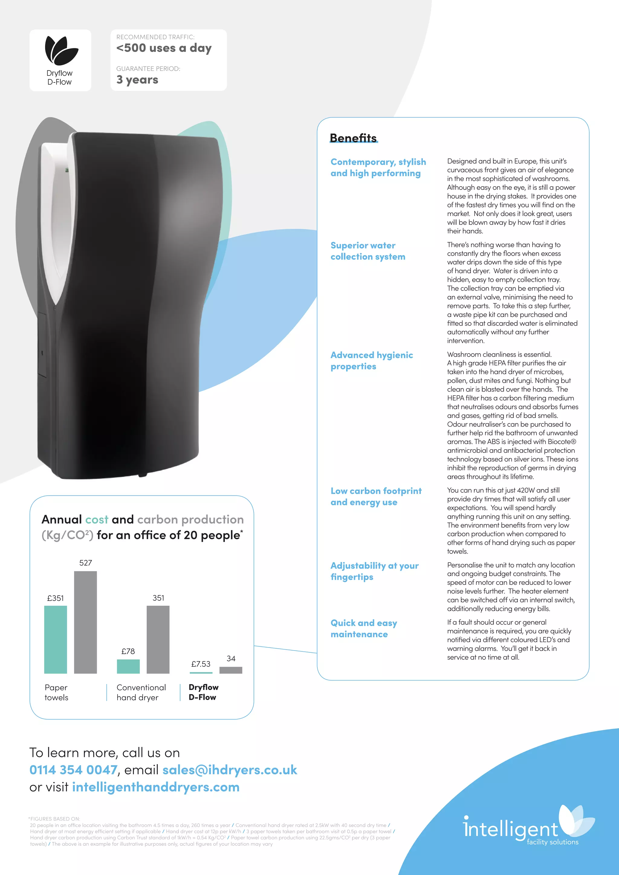 Annual cost and carbon production
(Kg/CO2
) for an office of 20 people*
Paper
towels
Conventional
hand dryer
Dryflow
D-Flow
527
351
34
£7.53
£78
£351
To learn more, call us on
0114 354 0047, email sales@ihdryers.co.uk
or visit intelligenthanddryers.com
*FIGURES BASED ON:
20 people in an office location visiting the bathroom 4.5 times a day, 260 times a year / Conventional hand dryer rated at 2.5kW with 40 second dry time /
Hand dryer at most energy efficient setting if applicable / Hand dryer cost at 12p per kW/h / 3 paper towels taken per bathroom visit at 0.5p a paper towel /
Hand dryer carbon production using Carbon Trust standard of 1kW/h = 0.54 Kg/CO2
/ Paper towel carbon production using 22.5gms/CO2
per dry (3 paper
towels) / The above is an example for illustrative purposes only, actual figures of your location may vary
RECOMMENDED TRAFFIC:
500 uses a day
GUARANTEE PERIOD:
3 years
Dryflow
D-Flow
Contemporary, stylish
and high performing
Designed and built in Europe, this unit’s
curvaceous front gives an air of elegance
in the most sophisticated of washrooms.
Although easy on the eye, it is still a power
house in the drying stakes. It provides one
of the fastest dry times you will find on the
market. Not only does it look great, users
will be blown away by how fast it dries
their hands.
Superior water
collection system
There’s nothing worse than having to
constantly dry the floors when excess
water drips down the side of this type
of hand dryer. Water is driven into a
hidden, easy to empty collection tray.
The collection tray can be emptied via
an external valve, minimising the need to
remove parts. To take this a step further,
a waste pipe kit can be purchased and
fitted so that discarded water is eliminated
automatically without any further
intervention.
Advanced hygienic
properties
Washroom cleanliness is essential.
A high grade HEPA filter purifies the air
taken into the hand dryer of microbes,
pollen, dust mites and fungi. Nothing but
clean air is blasted over the hands. The
HEPA filter has a carbon filtering medium
that neutralises odours and absorbs fumes
and gases, getting rid of bad smells.
Odour neutraliser’s can be purchased to
further help rid the bathroom of unwanted
aromas. The ABS is injected with Biocote®
antimicrobial and antibacterial protection
technology based on silver ions. These ions
inhibit the reproduction of germs in drying
areas throughout its lifetime.
Low carbon footprint
and energy use
You can run this at just 420W and still
provide dry times that will satisfy all user
expectations. You will spend hardly
anything running this unit on any setting.
The environment benefits from very low
carbon production when compared to
other forms of hand drying such as paper
towels.
Adjustability at your
fingertips
Personalise the unit to match any location
and ongoing budget constraints. The
speed of motor can be reduced to lower
noise levels further. The heater element
can be switched off via an internal switch,
additionally reducing energy bills.
Quick and easy
maintenance
If a fault should occur or general
maintenance is required, you are quickly
notified via different coloured LED’s and
warning alarms. You’ll get it back in
service at no time at all.
Benefits
 