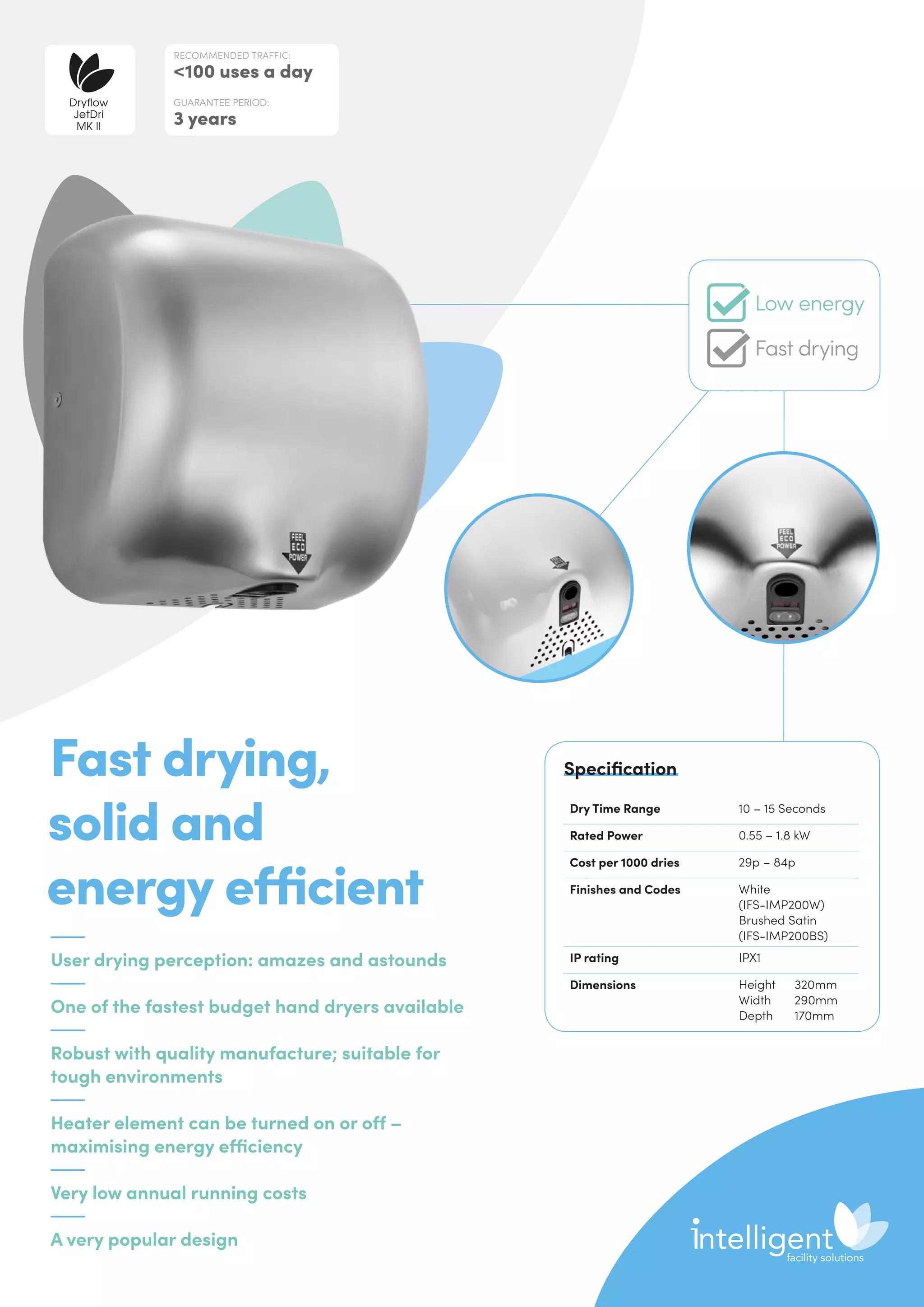 User drying perception: amazes and astounds
One of the fastest budget hand dryers available
Robust with quality manufacture; suitable for
tough environments
Heater element can be turned on or off –
maximising energy efficiency
Very low annual running costs
A very popular design
Fast drying,
solid and
energy efficient
Dry Time Range 10 – 15 Seconds
Rated Power 0.55 – 1.8 kW
Cost per 1000 dries 29p – 84p
Finishes and Codes White
(IFS-IMP200W)
Brushed Satin
(IFS-IMP200BS)
IP rating IPX1
Dimensions Height	320mm
Width	290mm
Depth	170mm
Specification
RECOMMENDED TRAFFIC:
100 uses a day
GUARANTEE PERIOD:
3 years
Dryflow
JetDri
MK II
Low energy
Fast drying
 