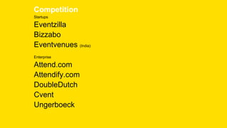 Competition
Startups
Eventzilla
Bizzabo
Eventvenues (India)
Enterprise
Attend.com
Attendify.com
DoubleDutch
Cvent
Ungerboeck
 