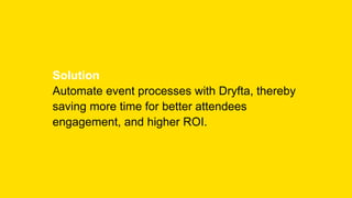 Solution
Automate event processes with Dryfta, thereby
saving more time for better attendees
engagement, and higher ROI.
 