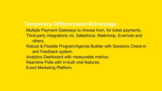 Temporary Differentiator/Advantage
Multiple Payment Gateways to choose from, for ticket payments.
Third-party integrations viz. Salesforce, Mailchimp, Evernote and
others.
Robust & Flexible Program/Agenda Builder with Sessions Check-in
and Feedback system.
Analytics Dashboard with measurable metrics.
Real-time Polls with in-built viral features.
Event Marketing Platform
 