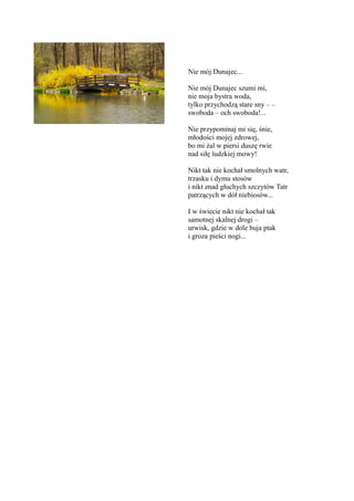 Nie mój Dunajec...

Nie mój Dunajec szumi mi,
nie moja bystra woda,
tylko przychodzą stare sny – –
swoboda – och swoboda!...

Nie przypominaj mi się, śnie,
młodości mojej zdrowej,
bo mi żal w piersi duszę rwie
nad siłę ludzkiej mowy!

Nikt tak nie kochał smolnych watr,
trzasku i dymu stosów
i nikt znad głuchych szczytów Tatr
patrzących w dół niebiosów...

I w świecie nikt nie kochał tak
samotnej skalnej drogi –
urwisk, gdzie w dole buja ptak
i groza pieści nogi...
 