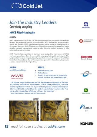 15
Join the Industry Leaders
read full case studies at coldjet.com
R 78,G 97,B 114
R 0,G 53,B 150
R 0,G 118,B 204
MWS Friedrichshafen
MWS is an aluminum casting and CNC machining specialist that was created from a merger
between well-established manufacturing companies. With six locations across Germany,
Austria and Slovakia, MWS manufactures complex, precise, ready-to-install products in
all standard aluminum alloys. The selection of cast aluminum products ranges from highly
complex, manually manufactured, made-to-order items to products produced in fully
automated manufacturing lines.
MWS Friedrichshafen specializes in aluminum sand casting. One main concern of MWS
was keeping core boxes clean. It was crucial in keeping up both quality and integrity. The
fundamental importance for product quality was reliable removal of residues of the cold-box
binder from the core boxes. Due to the very complex geometries of core boxes, they require
a precise and consistent cleaning method.
•	 Reduced cleaning time
•	 Reduced scrap
•	 Low dry ice and compressed air consumption
resulted in a better and more efficient clean
Aero 40 Foundry Edition
PROBLEM
RESULTSSOLUTION
“The flexible, single-hose system and the 360 degree turning radius of the Aero
40 provided a significant improvement. Due to these possibilities, we were
able to significantly reduce our dry ice and compressed air consumption from
6 to 4 bar (87 to 58 psi) and tune the system exactly to our requirements. This
has greatly increased our efficiency with core box cleaning.”
- Heiko Gläsle, Foundry Manager at MWS Friedrichshafen
Case study sampling
BEFORE AFTER
 