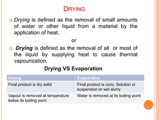 DRYING
 Drying is defined as the removal of small amounts
of water or other liquid from a material by the
application of heat.
or
 Drying is defined as the removal of all or most of
the liquid by supplying heat to cause thermal
vapourization.
Drying VS Evaporation
Drying Evaporation
Final product is dry solid Final product is conc. Solution or
suspension or wet slurry
Vapour is removed at temperature
below its boiling point
Water is removed at its boiling point
 