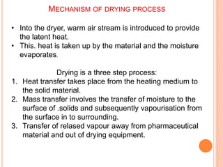 MECHANISM OF DRYING PROCESS
• Into the dryer, warm air stream is introduced to provide
the latent heat.
• This. heat is taken up by the material and the moisture
evaporates.
Drying is a three step process:
1. Heat transfer takes place from the heating medium to
the solid material.
2. Mass transfer involves the transfer of moisture to the
surface of .solids and subsequently vapourisation from
the surface in to surrounding.
3. Transfer of relased vapour away from pharmaceutical
material and out of drying equipment.
 