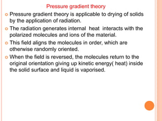 Pressure gradient theory
 Pressure gradient theory is applicable to drying of solids
by the application of radiation.
 The radiation generates internal heat interacts with the
polarized molecules and ions of the material.
 This field aligns the molecules in order, which are
otherwise randomly oriented.
 When the field is reversed, the molecules return to the
original orientation giving up kinetic energy( heat) inside
the solid surface and liquid is vaporised.
 