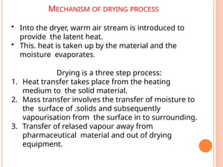 MECHANISM OF DRYING PROCESS
• Into the dryer, warm air stream is introduced to
provide the latent heat.
• This. heat is taken up by the material and the
moisture evaporates.
Drying is a three step process:
1. Heat transfer takes place from the heating
medium to the solid material.
2. Mass transfer involves the transfer of moisture to
the surface of .solids and subsequently
vapourisation from the surface in to surrounding.
3. Transfer of relased vapour away from
pharmaceutical material and out of drying
equipment.
 