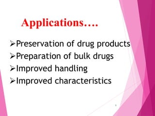 Preservation of drug products
Preparation of bulk drugs
Improved handling
Improved characteristics
Applications….
5
 