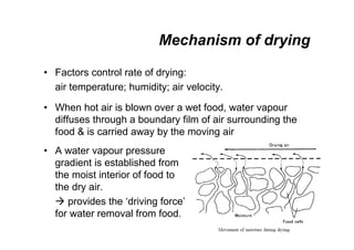 Mechanism of drying
• Factors control rate of drying:
air temperature; humidity; air velocity.
• When hot air is blown over a wet food, water vapour
diffuses through a boundary film of air surrounding the
food  is carried away by the moving air
• A water vapour pressure
gradient is established from
the moist interior of food to
the dry air.
 provides the ‘driving force’
for water removal from food.
 