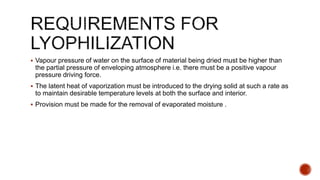  Vapour pressure of water on the surface of material being dried must be higher than
the partial pressure of enveloping atmosphere i.e. there must be a positive vapour
pressure driving force.
 The latent heat of vaporization must be introduced to the drying solid at such a rate as
to maintain desirable temperature levels at both the surface and interior.
 Provision must be made for the removal of evaporated moisture .
 