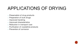  Preservation of drug products
 Preparation of bulk drugs
 Improved handling
 Improved characteristics
 Reduction in transport cost
 Purification of crystalline products
 Prevention of corrosion
 