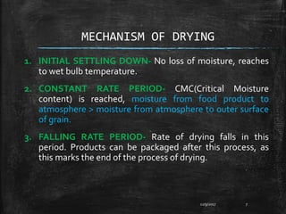 MECHANISM OF DRYING
1. INITIAL SETTLING DOWN- No loss of moisture, reaches
to wet bulb temperature.
2. CONSTANT RATE PERIOD- CMC(Critical Moisture
content) is reached, moisture from food product to
atmosphere > moisture from atmosphere to outer surface
of grain.
3. FALLING RATE PERIOD- Rate of drying falls in this
period. Products can be packaged after this process, as
this marks the end of the process of drying.
12/9/2017 7
 