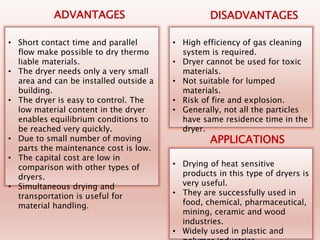 • Short contact time and parallel
flow make possible to dry thermo
liable materials.
• The dryer needs only a very small
area and can be installed outside a
building.
• The dryer is easy to control. The
low material content in the dryer
enables equilibrium conditions to
be reached very quickly.
• Due to small number of moving
parts the maintenance cost is low.
• The capital cost are low in
comparison with other types of
dryers.
• Simultaneous drying and
transportation is useful for
material handling.
ADVANTAGES DISADVANTAGES
• High efficiency of gas cleaning
system is required.
• Dryer cannot be used for toxic
materials.
• Not suitable for lumped
materials.
• Risk of fire and explosion.
• Generally, not all the particles
have same residence time in the
dryer.
• Drying of heat sensitive
products in this type of dryers is
very useful.
• They are successfully used in
food, chemical, pharmaceutical,
mining, ceramic and wood
industries.
• Widely used in plastic and
APPLICATIONS
 