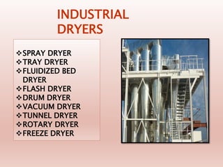 INDUSTRIAL
DRYERS
SPRAY DRYER
TRAY DRYER
FLUIDIZED BED
DRYER
FLASH DRYER
DRUM DRYER
VACUUM DRYER
TUNNEL DRYER
ROTARY DRYER
FREEZE DRYER
 