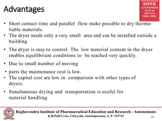 RIPER
AUTONOMOUS
NAAC &
NBA (UG)
SIRO- DSIR
Raghavendra Institute of Pharmaceutical Education and Research - Autonomous
K.R.Palli Cross, Chiyyedu, Anantapuramu, A. P- 515721 25
• Short contact time and parallel flow make possible to dry thermo
liable materials.
• The dryer needs only a very small area and can be installed outside a
building.
• The dryer is easy to control. The low material content in the dryer
enables equilibrium conditions to be reached very quickly.
• Due to small number of moving
• parts the maintenance cost is low.
• The capital cost are low in comparison with other types of
dryers.
• Simultaneous drying and transportation is useful for
material handling.
Advantages
 