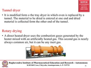 RIPER
AUTONOMOUS
NAAC &
NBA (UG)
SIRO- DSIR
Raghavendra Institute of Pharmaceutical Education and Research - Autonomous
K.R.Palli Cross, Chiyyedu, Anantapuramu, A. P- 515721 35
Tunnel dryer
• It is modified form o the tray dryer in which oven is replaced by a
tunnel. The material to be dried is entered at one end and dried
material is collected form the other end of the tunnel.
Rotary drying
• A direct heated dryer uses the combustion gases generated by the
heater mixed with an artificially heated gas. This second gas is nearly
always common air, but it can be any inert gas.
 