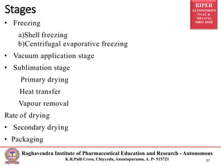RIPER
AUTONOMOUS
NAAC &
NBA (UG)
SIRO- DSIR
Raghavendra Institute of Pharmaceutical Education and Research - Autonomous
K.R.Palli Cross, Chiyyedu, Anantapuramu, A. P- 515721 37
Stages
• Freezing
a)Shell freezing
b)Centrifugal evaporative freezing
• Vacuum application stage
• Sublimation stage
Primary drying
Heat transfer
Vapour removal
Rate of drying
• Secondary drying
• Packaging
 