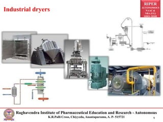 RIPER
AUTONOMOUS
NAAC &
NBA (UG)
SIRO- DSIR
Raghavendra Institute of Pharmaceutical Education and Research - Autonomous
K.R.Palli Cross, Chiyyedu, Anantapuramu, A. P- 515721 9
Industrial dryers
 
