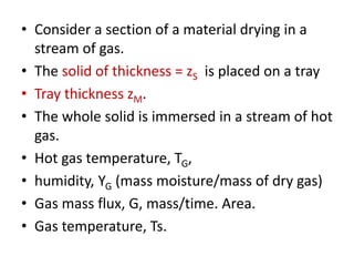 • Consider a section of a material drying in a
stream of gas.
• The solid of thickness = zS is placed on a tray
• Tray thickness zM.
• The whole solid is immersed in a stream of hot
gas.
• Hot gas temperature, TG,
• humidity, YG (mass moisture/mass of dry gas)
• Gas mass flux, G, mass/time. Area.
• Gas temperature, Ts.
 