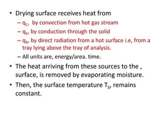• Drying surface receives heat from
– qC, by convection from hot gas stream
– qK, by conduction through the solid
– qR, by direct radiation from a hot surface i.e, from a
tray lying above the tray of analysis.
– All units are, energy/area. time.
• The heat arriving from these sources to the ,
surface, is removed by evaporating moisture.
• Then, the surface temperature TS, remains
constant.
 