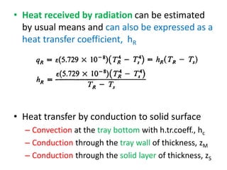• Heat received by radiation can be estimated
by usual means and can also be expressed as a
heat transfer coefficient, hR
• Heat transfer by conduction to solid surface
– Convection at the tray bottom with h.tr.coeff., hc
– Conduction through the tray wall of thickness, zM
– Conduction through the solid layer of thickness, zS
 