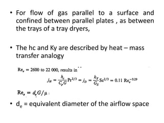 • For flow of gas parallel to a surface and
confined between parallel plates , as between
the trays of a tray dryers,
• The hc and Ky are described by heat – mass
transfer analogy
• de = equivalent diameter of the airflow space
 