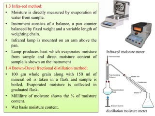 1.3 Infra-red method:
• Moisture is directly measured by evaporation of
water from sample.
• Instrument consists of a balance, a pan counter
balanced by fixed weight and a variable length of
weighting chain.
• Infrared lamp is mounted on an arm above the
pan.
• Lamp produces heat which evaporates moisture
from sample and direct moisture content of
sample is shown on the instrument
1.4 Brown-Duvel fractional distillation method:
• 100 gm whole grain along with 150 ml of
mineral oil is taken in a flask and sample is
boiled. Evaporated moisture is collected in
graduated flask.
• Millilitre of moisture shows the % of moisture
content.
• Wet basis moisture content.
Infra-red moisture meter
distillation moisture meter
 