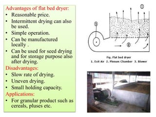 Advantages of flat bed dryer:
• Reasonable price.
• Intermittent drying can also
be used.
• Simple operation.
• Can be manufactured
locally .
• Can be used for seed drying
and for storage purpose also
after drying.
Disadvantages:
• Slow rate of drying.
• Uneven drying.
• Small holding capacity.
Applications:
• For granular product such as
cereals, pluses etc.
 