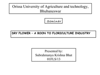 DRY FLOWER – A BOON TO FLORICULTURE INDUSTRY
Orissa University of Agriculture and technology,
Bhubaneswar
Seminar
Presented by:
Subrahmanya Krishna Bhat
01FLS/13
 