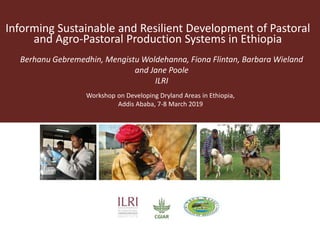 Informing Sustainable and Resilient Development of Pastoral
and Agro-Pastoral Production Systems in Ethiopia
Berhanu Gebremedhin, Mengistu Woldehanna, Fiona Flintan, Barbara Wieland
and Jane Poole
ILRI
Workshop on Developing Dryland Areas in Ethiopia,
Addis Ababa, 7-8 March 2019
 