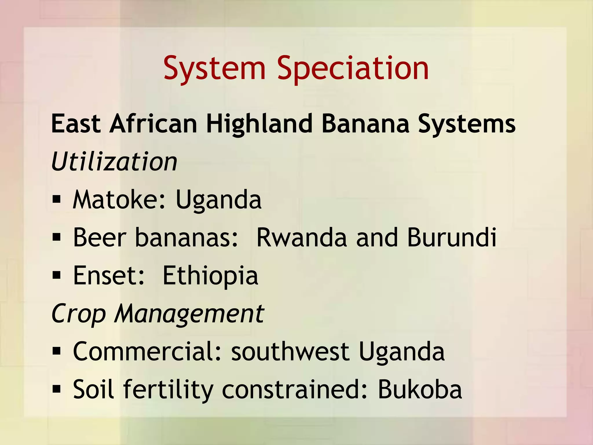 System Speciation
East African Highland Banana Systems
Utilization
 Matoke: Uganda
 Beer bananas: Rwanda and Burundi
 Enset: Ethiopia
Crop Management
 Commercial: southwest Uganda
 Soil fertility constrained: Bukoba
 