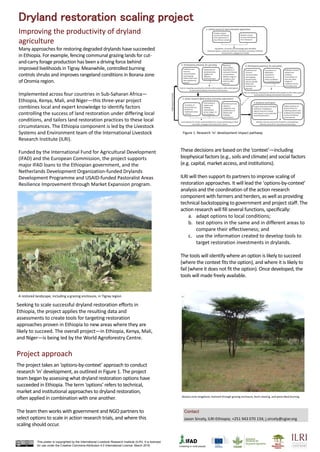 Dryland restoration scaling project
This poster is copyrighted by the International Livestock Research Institute (ILRI). It is licensed
for use under the Creative Commons Attribution 4.0 International Licence. March 2016
Improving the productivity of dryland
agriculture
Many approaches for restoring degraded drylands have succeeded
in Ethiopia. For example, fencing communal grazing lands for cut-
and-carry forage production has been a driving force behind
improved livelihoods in Tigray. Meanwhile, controlled burning
controls shrubs and improves rangeland conditions in Borana zone
of Oromia region.
Implemented across four countries in Sub-Saharan Africa—
Ethiopia, Kenya, Mali, and Niger—this three-year project
combines local and expert knowledge to identify factors
controlling the success of land restoration under differing local
conditions, and tailors land restoration practices to these local
circumstances. The Ethiopia component is led by the Livestock
Systems and Environment team of the International Livestock
Research Institute (ILRI).
Funded by the International Fund for Agricultural Development
(IFAD) and the European Commission, the project supports
major IFAD loans to the Ethiopian government, and the
Netherlands Development Organization-funded Drylands
Development Programme and USAID-funded Pastoralist Areas
Resilience Improvement through Market Expansion program.
Seeking to scale successful dryland restoration efforts in
Ethiopia, the project applies the resulting data and
assessments to create tools for targeting restoration
approaches proven in Ethiopia to new areas where they are
likely to succeed. The overall project—in Ethiopia, Kenya, Mali,
and Niger—is being led by the World Agroforestry Centre.
Project approach
The project takes an ‘options-by-context’ approach to conduct
research ‘in’ development, as outlined in Figure 1. The project
team began by assessing what dryland restoration options have
succeeded in Ethiopia. The term ‘options’ refers to technical,
market and institutional approaches to dryland restoration,
often applied in combination with one another.
The team then works with government and NGO partners to
select options to scale in action research trials, and where this
scaling should occur.
Figure 1. Research ‘in’ development impact pathway
A restored landscape, including a grazing enclosure, in Tigray region
Borana zone rangeland, restored through grazing enclosure, bush clearing, and prescribed burning
Contact
Jason Sircely, ILRI-Ethiopia; +251 943 070 134; j.sircely@cgiar.org
These decisions are based on the ‘context’—including
biophysical factors (e.g., soils and climate) and social factors
(e.g. capital, market access, and institutions).
ILRI will then support its partners to improve scaling of
restoration approaches. It will lead the ‘options-by-context’
analysis and the coordination of the action research
component with farmers and herders, as well as providing
technical backstopping to government and project staff. The
action research will fill several functions, specifically:
a. adapt options to local conditions;
b. test options in the same and in different areas to
compare their effectiveness; and
c. use the information created to develop tools to
target restoration investments in drylands.
The tools will identify where an option is likely to succeed
(where the context fits the option), and where it is likely to
fail (where it does not fit the option). Once developed, the
tools will made freely available.
 